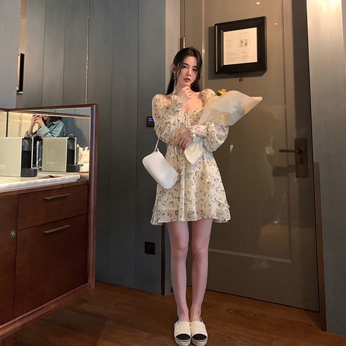 Đầm voan COZOKC cổ vuông in hoa xinh xắn thời trang cho nữ