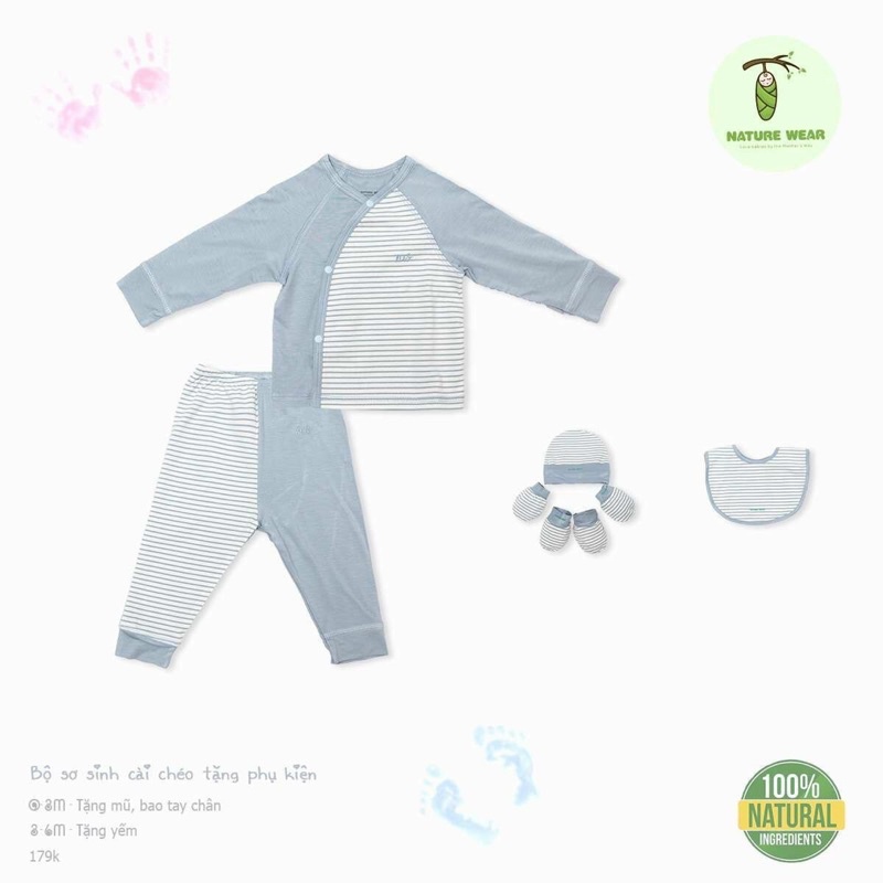 Nature bộ sơ sinh cài vai cho bé kèm mũ bao chân bao tay