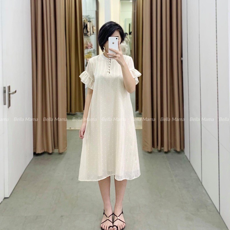 Váy Bầu Công Sở Chất Tơ Voan Mềm Mịn Tay Bèo Cổ Tròn Đủ Size Cho Mẹ Bầu Và Sau SinhTừ 47-85kg BELLA MAMA - V06