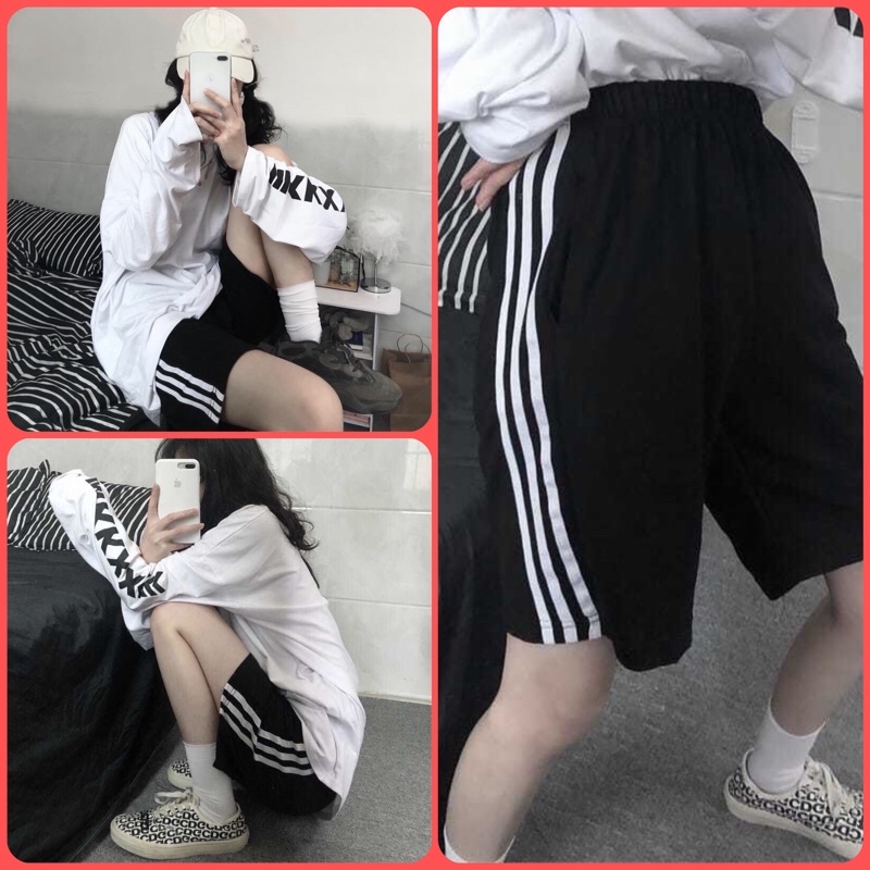 Quần Short Lửng 3 Sọc Unisex Nam Nữ Freesize Chất Thun Dày Dặn Có Dây Rút Quần Đùi 3 Line Phối Màu Siêu Xinh