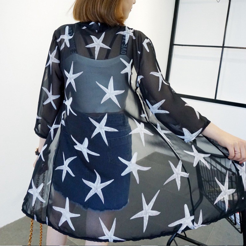 Áo khoác kimono dáng rộng họa tiết in có size lớn cho nữ