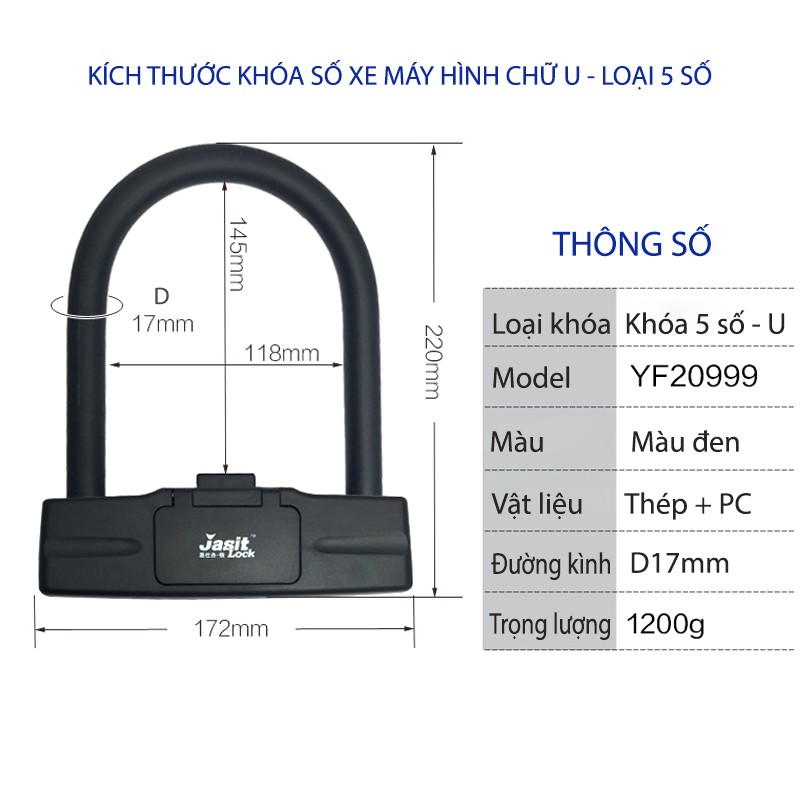 Khóa số chống trộm xe máy YF20999 hình chữ U – loại 5 số có thể thay đổi được mã số