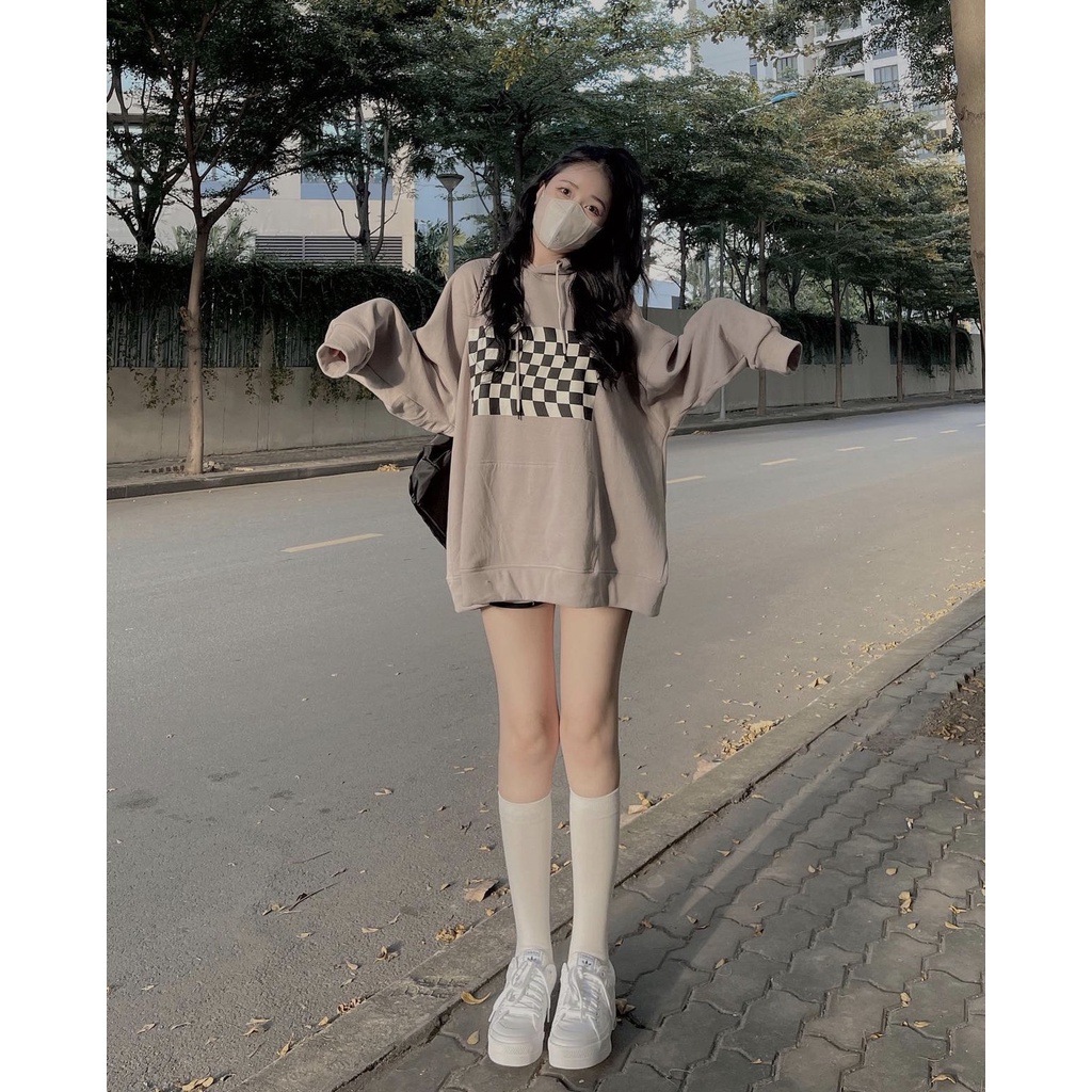 Áo Hoodie Bàn Cờ PEONYB Nữ [FREESHIP]  Sweater form rộng tay bồng, nỉ ngoại đẹp in hình caro cá tính Ulzzang
