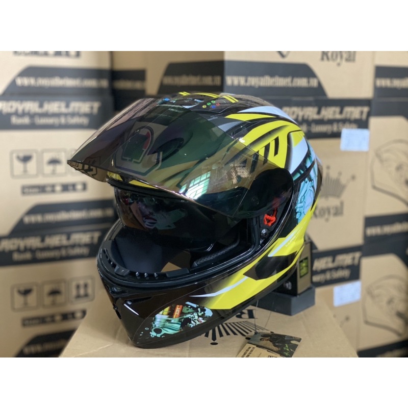 MŨ FULLFACE 2 KÍNH M266 ĐEN BÓNG LÊN TEM HÃNG XE VÀNG TƯƠI CỰC ĐẸP, Mua 1 Nón Tặng 1 Quà, BH 12 Tháng