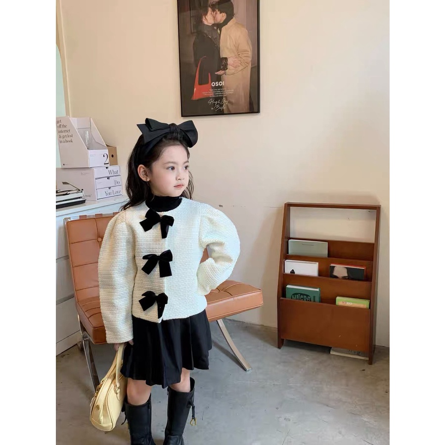 Váy bé gái - Set áo dạ nơ điệu mix chân váy thô mềm phồng kiểu cách cho bé gái