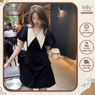 Váy chữ A tay bồng ngắn,Đầm suông đen phối cổ V be tiểu thư