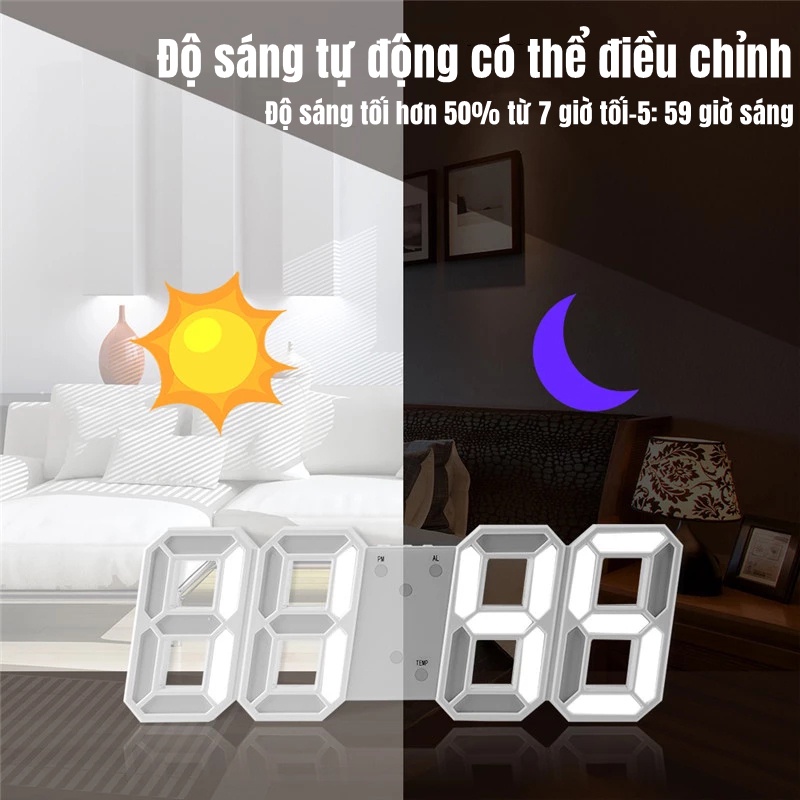 Đồng hồ led để bàn Đồng hồ LED Treo Tường 3D Đồng Hồ Led nhiều chức năng báo thức, nhiệt độ, cảm biến âm thanh