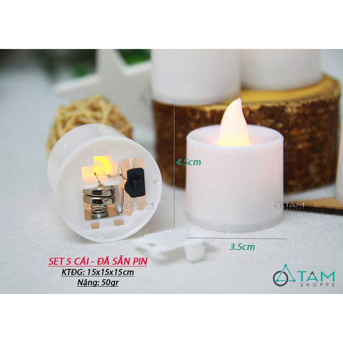 [KÈM SẴN PIN] Set 5 nến điện tử trang trí ánh sáng vàng ấm cao 5cm NEN-DT-04