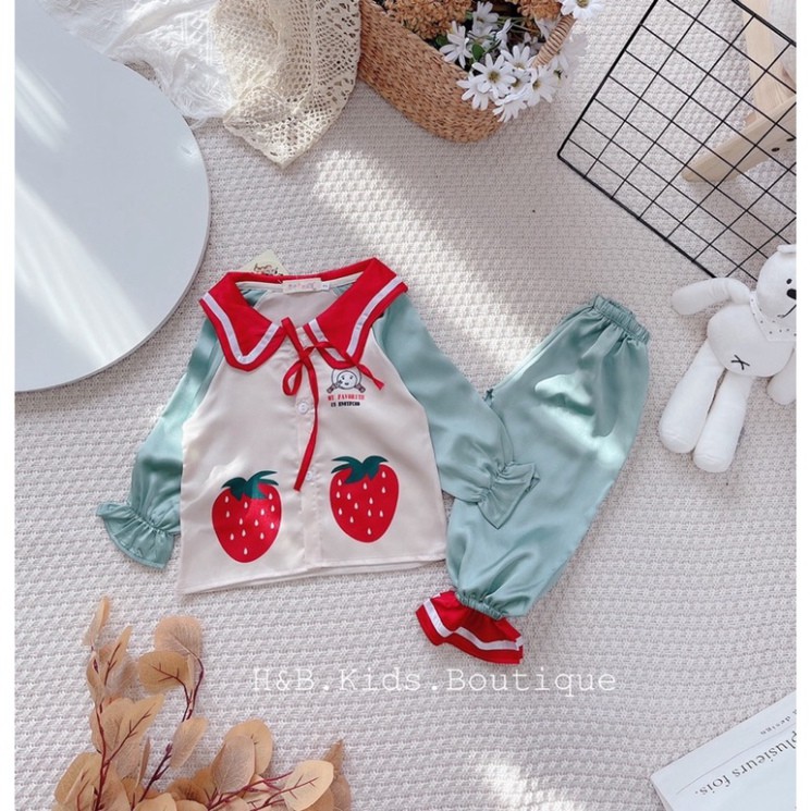 Bộ lụa 2 quả dâu dài tay bé gái