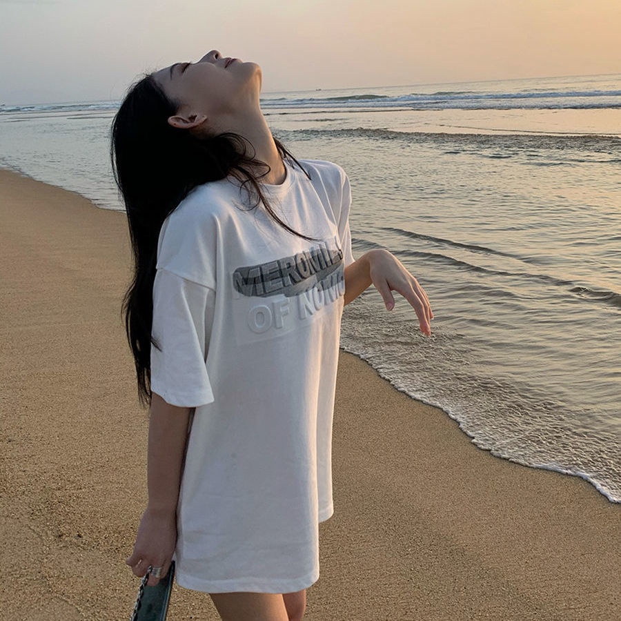 Áo Thun Tay Ngắn Dáng Rộng In Chữ Màu Xám Đậm Thời Trang Mùa Hè Hàng Mới Dành Cho Bạn Nữ 2021