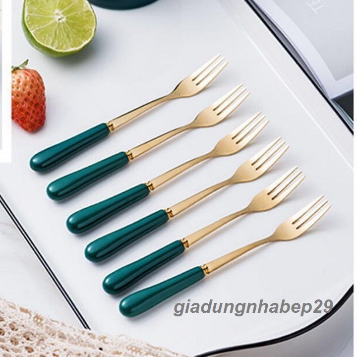 Thìa dĩa mạ vàng cán sứ màu xanh nĩa ăn trái cây / muỗng cà phê dài 15cm