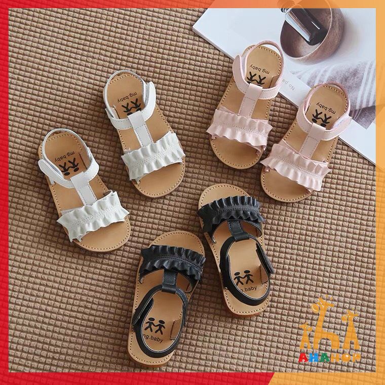 Sandal cho bé gái, Giày dép sandal phối viền bèo nhúm quai dán chất da PU siêu mềm chính hãng MG Baby cho bé V621