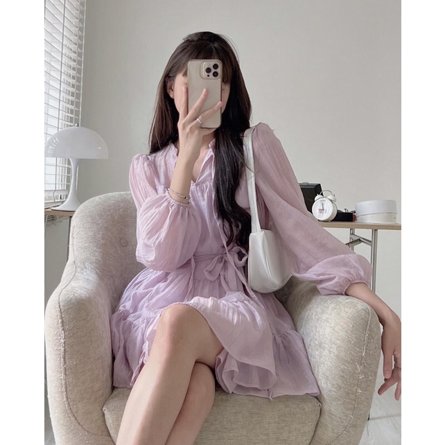 Váy babydoll tơ tay bo 2 lớp dáng xoè Pea Store - Đầm tơ dài tay kèm đai