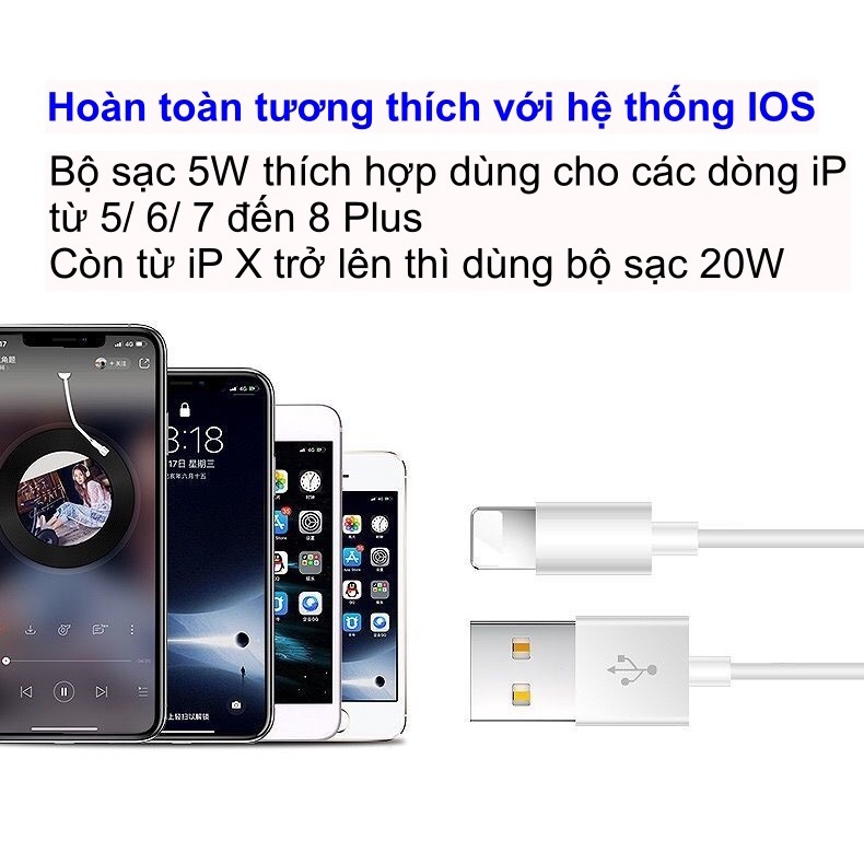 Củ dây cáp bộ sạc điện thoại 5W - Dành cho máy 5 6 7 8 Plus - BH 1 năm