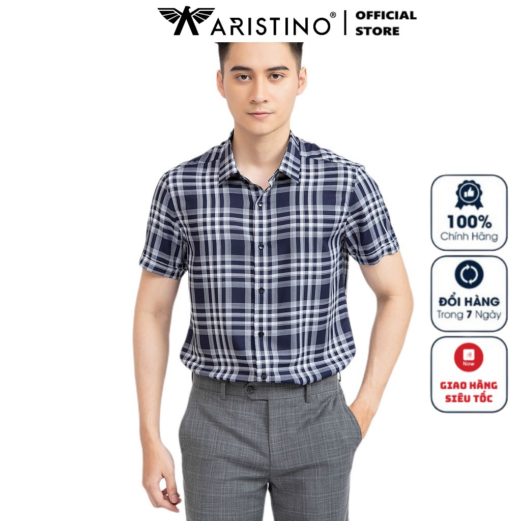 Áo Sơ Mi Nam Ngắn Tay ARISTINO ASS177S1 Somi Công Sở Cao Cấp Màu Xanh Tím Than Kẻ Trắng Sợi Sồi Mềm Mát Dáng Ôm Tà Lượn