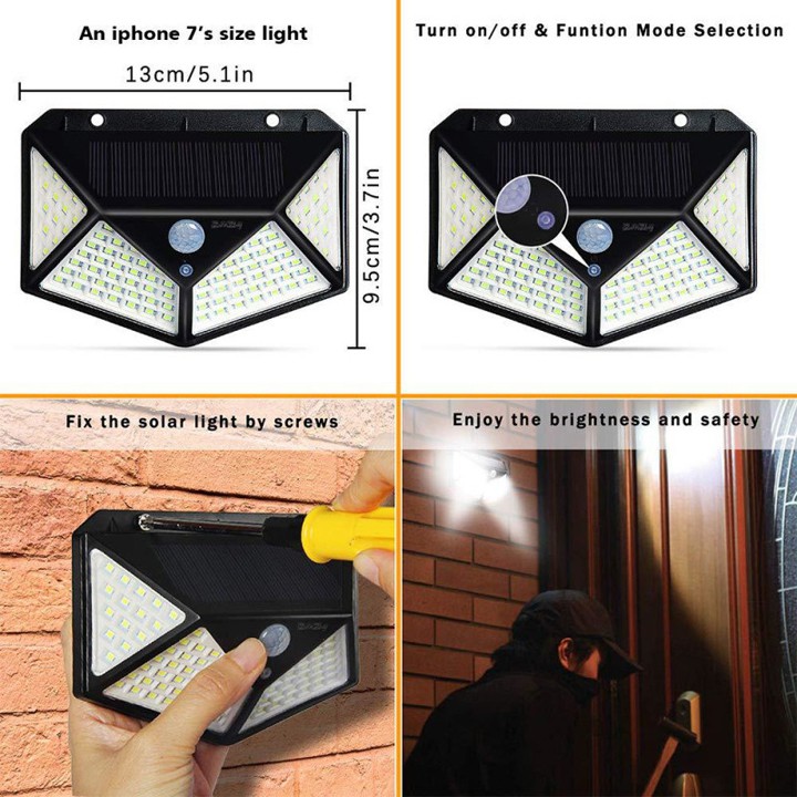 Đèn cảm biến hồng ngoại năng lượng mặt trời 100Led-chống nước-cảm ứng chuyển động-3 chế độ