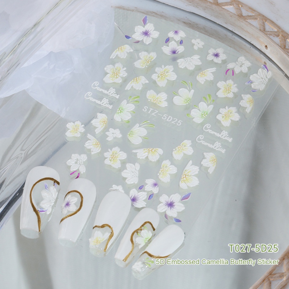 Miếng Dán Trang Trí Móng Tay 5D Hình Hoa Hồng Hoa Trà Xanh Lá
