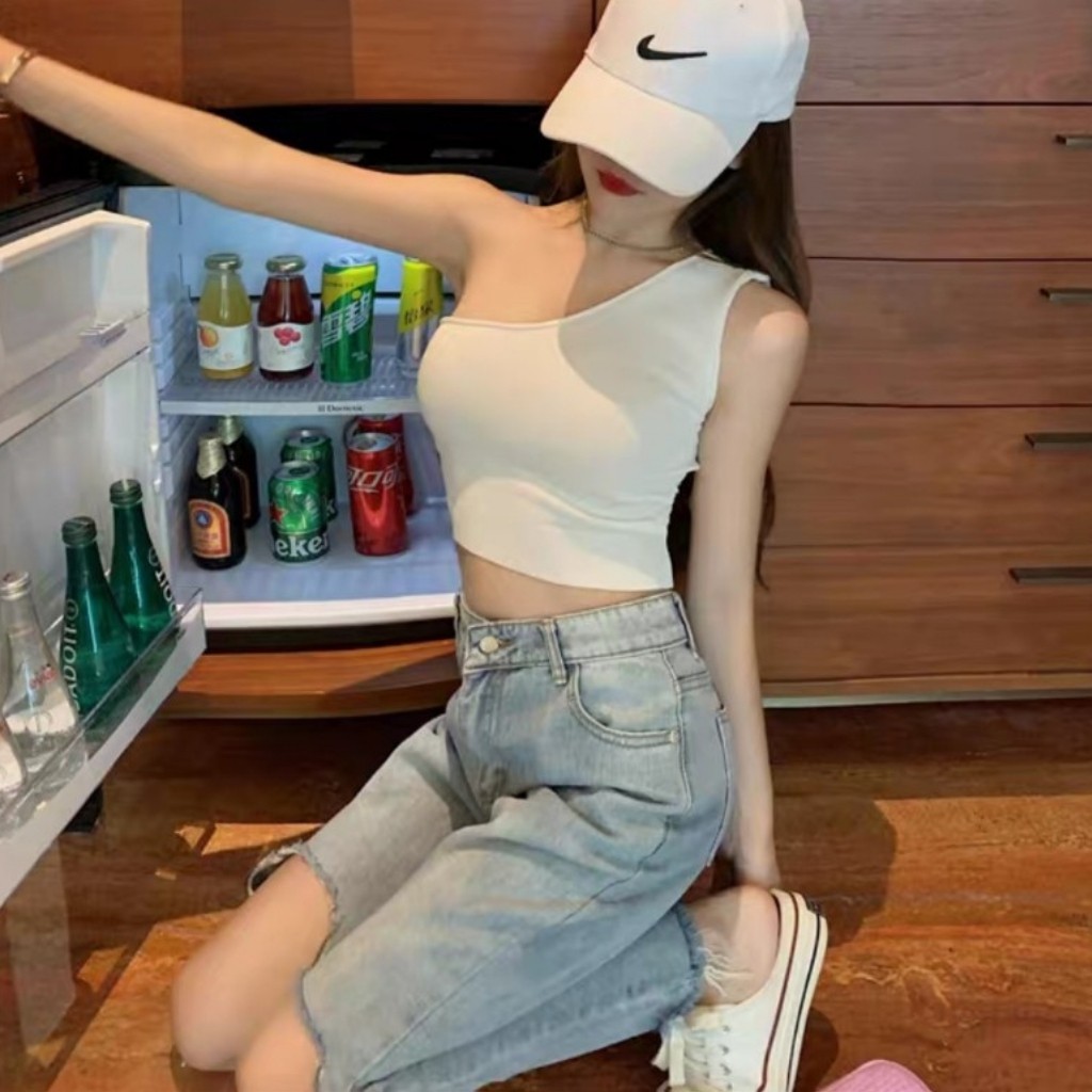 Áo Hở Vai Chéo Ko Tay Dáng Croptop _ Chất Borip Dày Dặn Có Mút Ngực _ Ảnh Thật Chụp Sàn