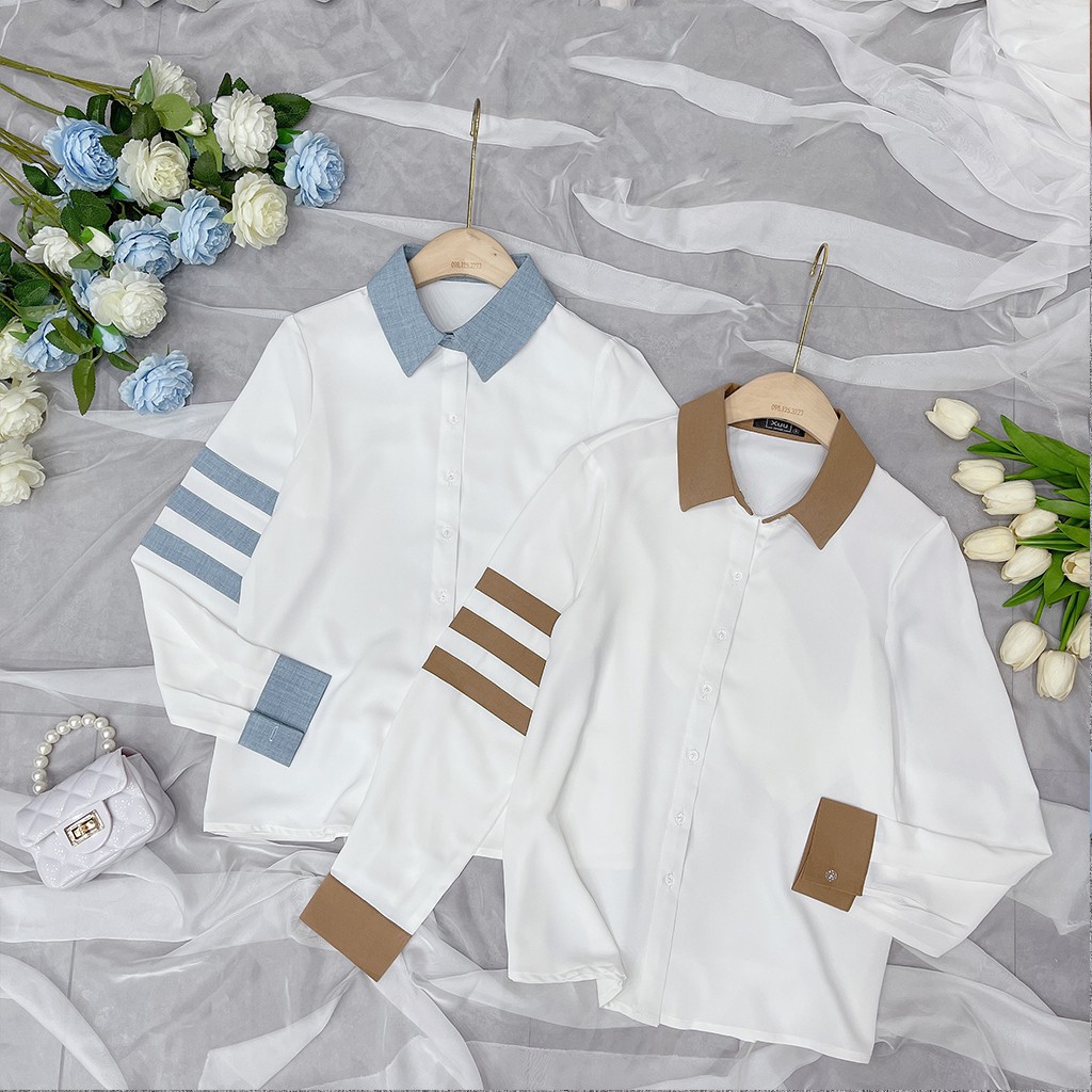 Áo sơ mi nữ trắng dài tay Chunxuu thiết kế tay phối sọc màu thanh lịch thời trang - SP39