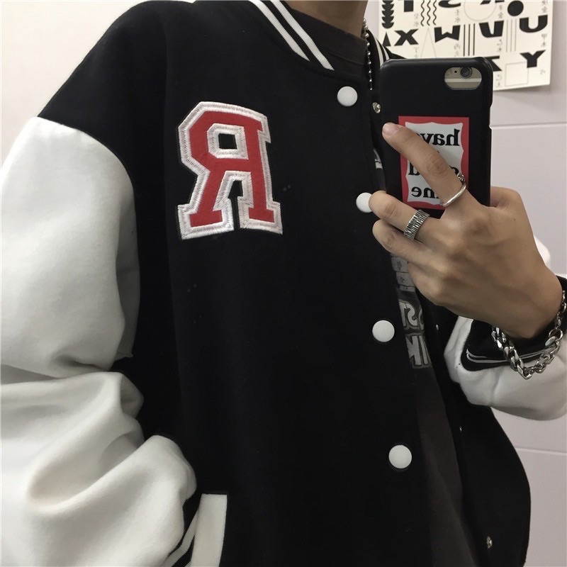 AK012 Áo bomber R 2 màu xanh đen tay trắng nam nữ dáng rộng, áo khoác nam nữ mùa đông form to tay bo cúc bấm cá tính