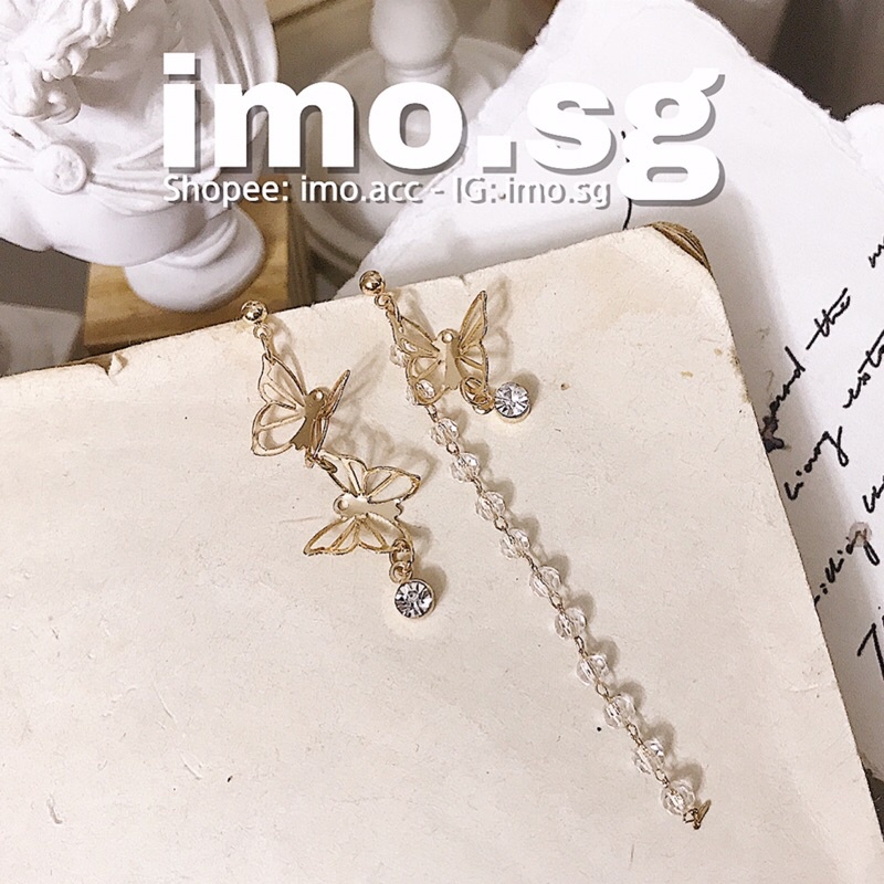 Bông tai bươm bướm bất đối xứng dài chuỗi đá tòn ten imo.sg cá tính xịn sò độc đáo phong cách hàn
