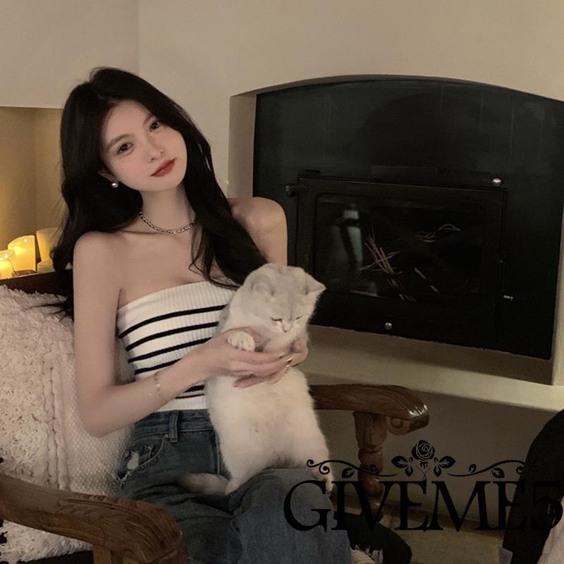 GIVEME-Women´s Sleeveless Casual Horizontal Stripes Pattern Knitted  Slim-Fit Strapless TubeTops