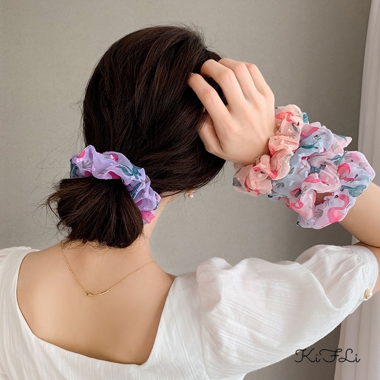 Dây Buộc Tóc Chiffon Họa Tiết Chim Hồng Hạc Dễ Thương Cho Nữ KIFLI