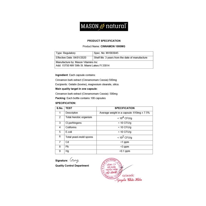 Viên Uống Hỗ Trợ Chuyển Hoá Đường Mason Natural Cinnamon 100 Viên