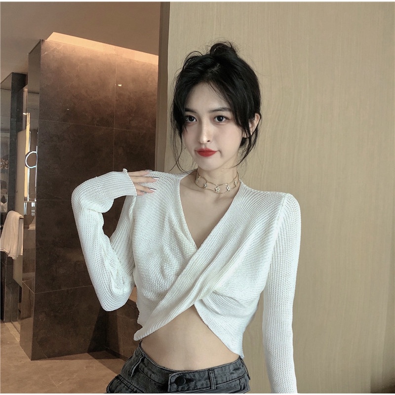 Áo dệt kim ZHELIHANGFEI tay dài lưng cao thiết kế dây đan chéo phong cách quyến rũ