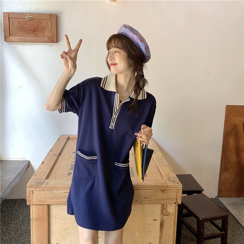 Đầm Thun Thể Thao Tay Ngắn Cổ Polo Phong Cách Hàn Quốc Mới