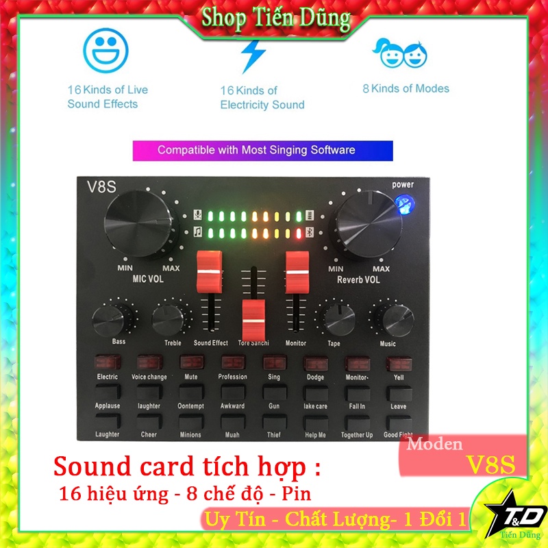 Sound card V8S bản nâng cấp sound card V8 Hỗ Trợ Bluetooth, 16 Hiệu Ứng, 8 Chế Độ, Chỉnh Bass Treble Record Tích Hợp Pin