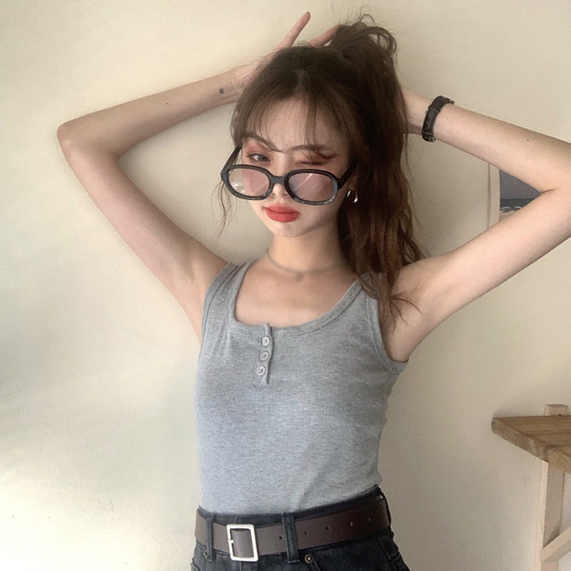 Áo sát nách cổ vuông màu trơn có nút cài phong cách Hàn Quốc thời trang cá tính cho nữ