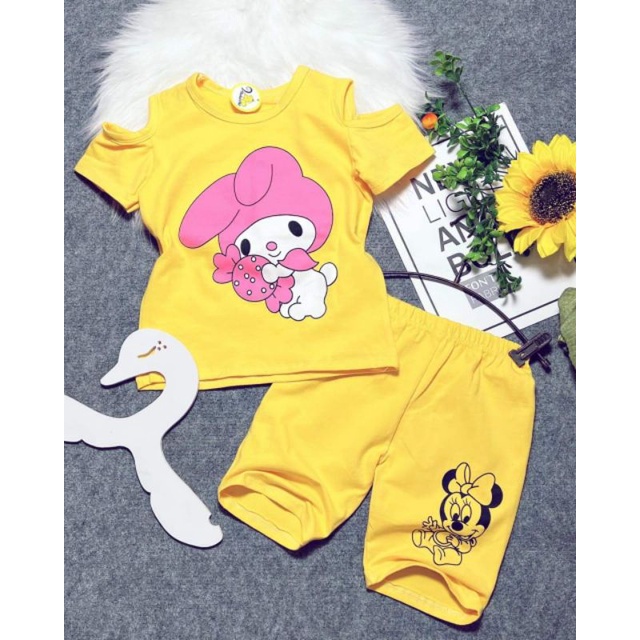 Bộ ngố lửng bé gái trễ vai thun cotton 4 chiều mềm mát