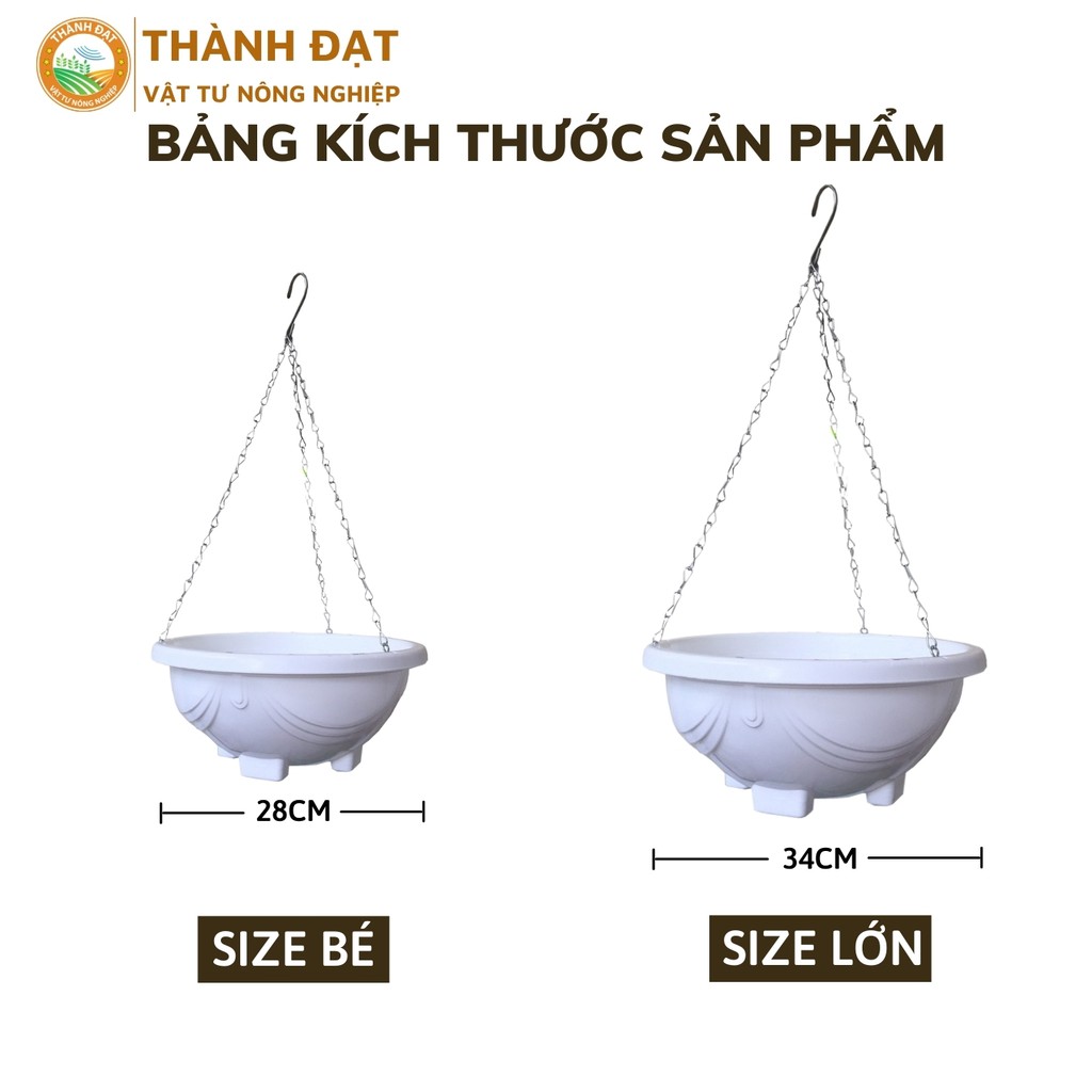 Chậu treo trồng cây, Chậu nhựa treo xích sắt 2 kích thước màu trắng