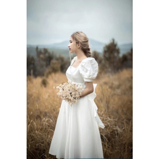 Váy trắng tiểu thư tùng Xoè tay phồng nơ lưng phong cách Vintage Witch