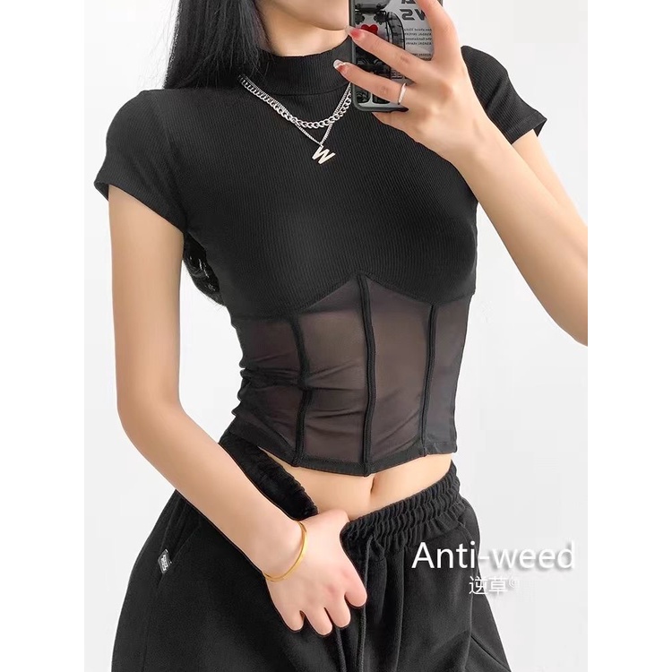Áo Croptop Dệt Kim Mềm Phối Lưới Xuyên Thấu Cổ Cao Ngắn Tay Thời Trang Gợi Cảm Cho Nữ 2023