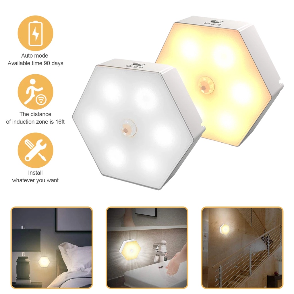 Infrared Motion Human Induction Lighting/Hexagon Motion Sensor Light/Bedroom Cabinet Wardrobe Staircase Battery Operated Wall Lamp