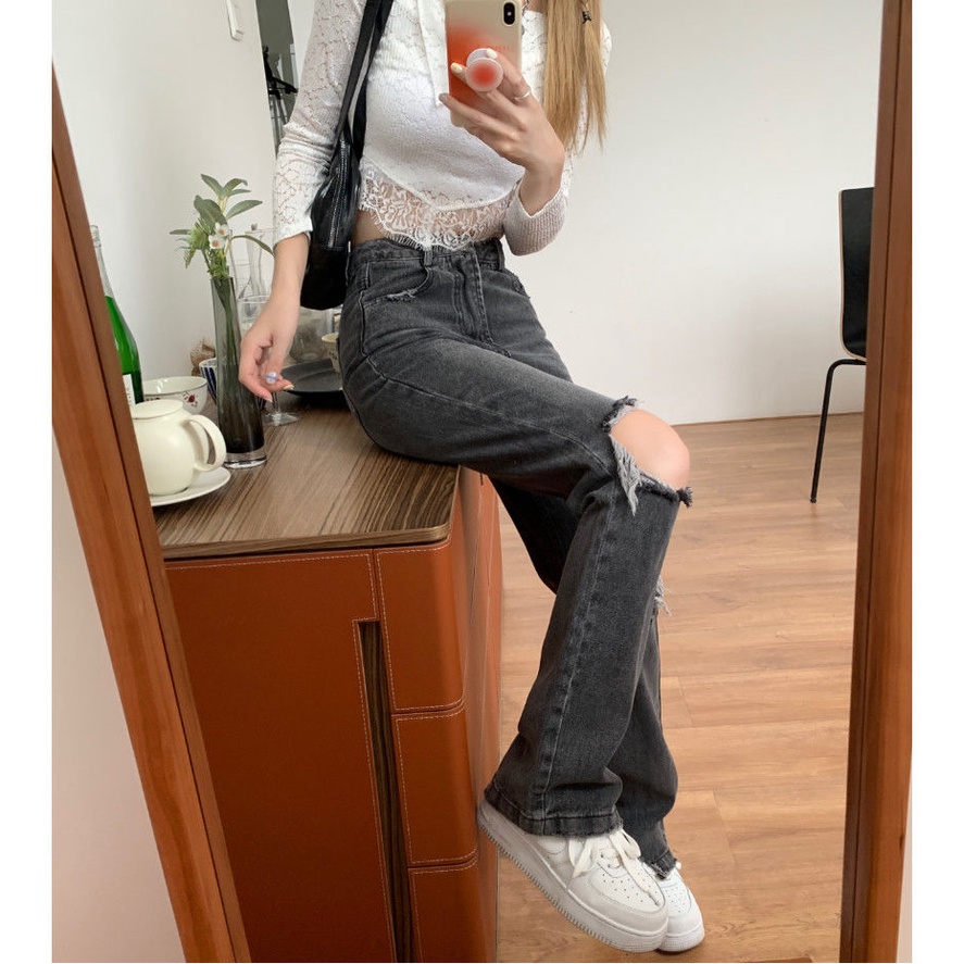 Quần Jeans ống rộng màu xám phối rách thời trang mùa thu cho nữ 2021