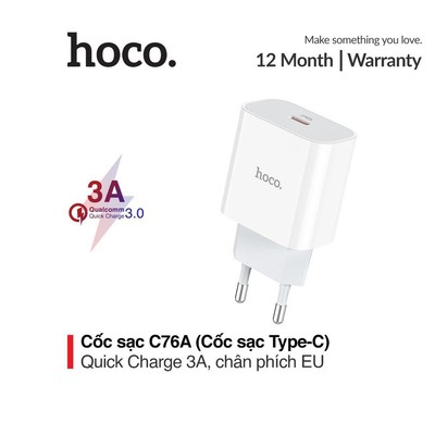 Củ Sạc Nhanh PD20W 1 cổng Type-C Hoco C76A tương thích với nhiều lọai thiết bị, chân tròn