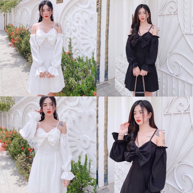 Đầm xoè trễ vai nơ ngực | BigBuy360 - bigbuy360.vn