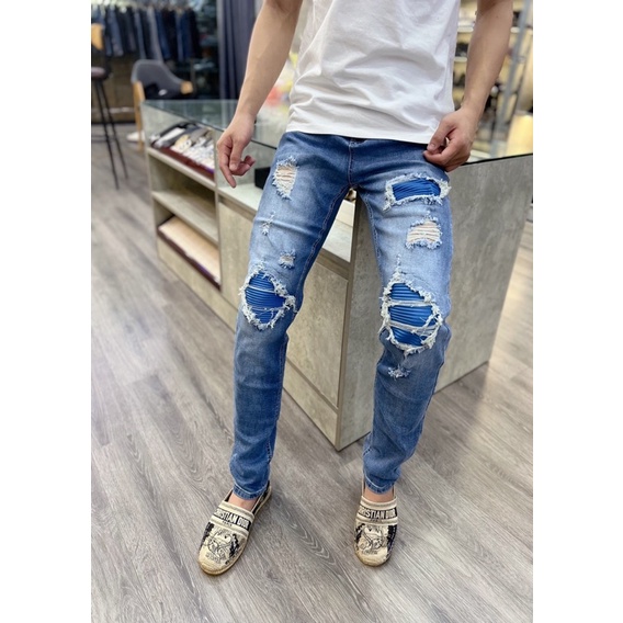 Quần jean vá da nhăn xanh khâu viền,quần bò vá da nhăn xanh amiri rách gối wash màu khói xám bạc