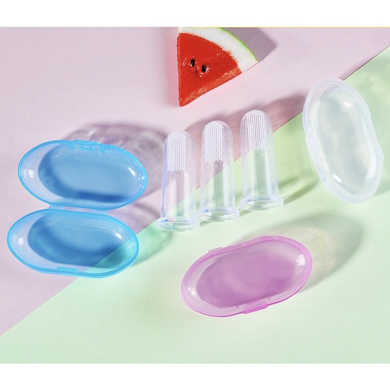 Rơ lưỡi silicon cho bé, bàn chải đánh răng xỏ ngón silicon siêu mềm an toàn, có hộp đựng giữ vệ sinh