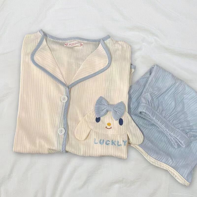Bộ Đồ Ngủ Áo Sơ Mi Tay Ngắn Phối Quần Short Màu Trơn In Hoạt Hình Dễ Thương Cho Nữ
