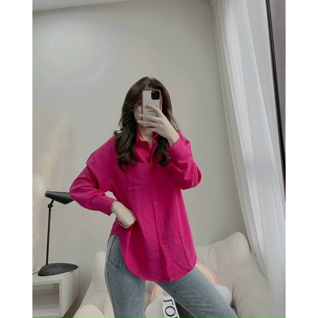 HÌNH THẬT - Áo sơ mi đũi hồng sen tay dài