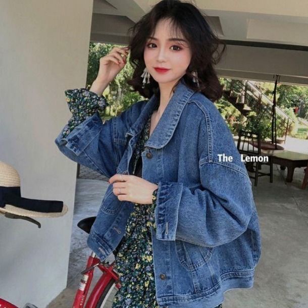 [Spot] Áo Khoác denim Xanh Dương Dáng Rộng Phong Cách Hàn Quốc Hồng Kông Cổ Điển 2022 Dễ Phối Đồ