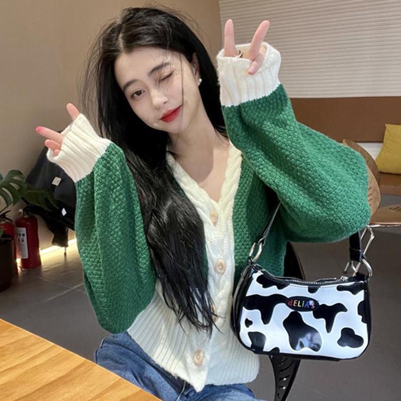 Áo Khoác Cardigan Dệt Kim Tay Phồng Màu Sắc Tương Phản Phong Cách Retro Thời Trang Thu Đông