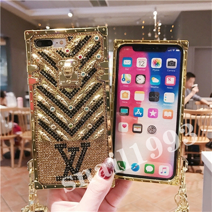 Ốp hình vuông đính đá kim cương giả màu vàng phối chuỗi dây cho Samsung S10+  S10 S10e S9+ S9 S8+ S8 Note9 Note8