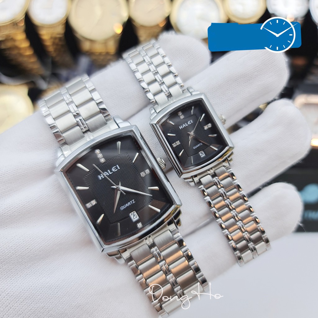 Đồng hồ đôi cặp nam nữ Halei giá 1 đôi mặt chữ nhật dây thép chống gỉ