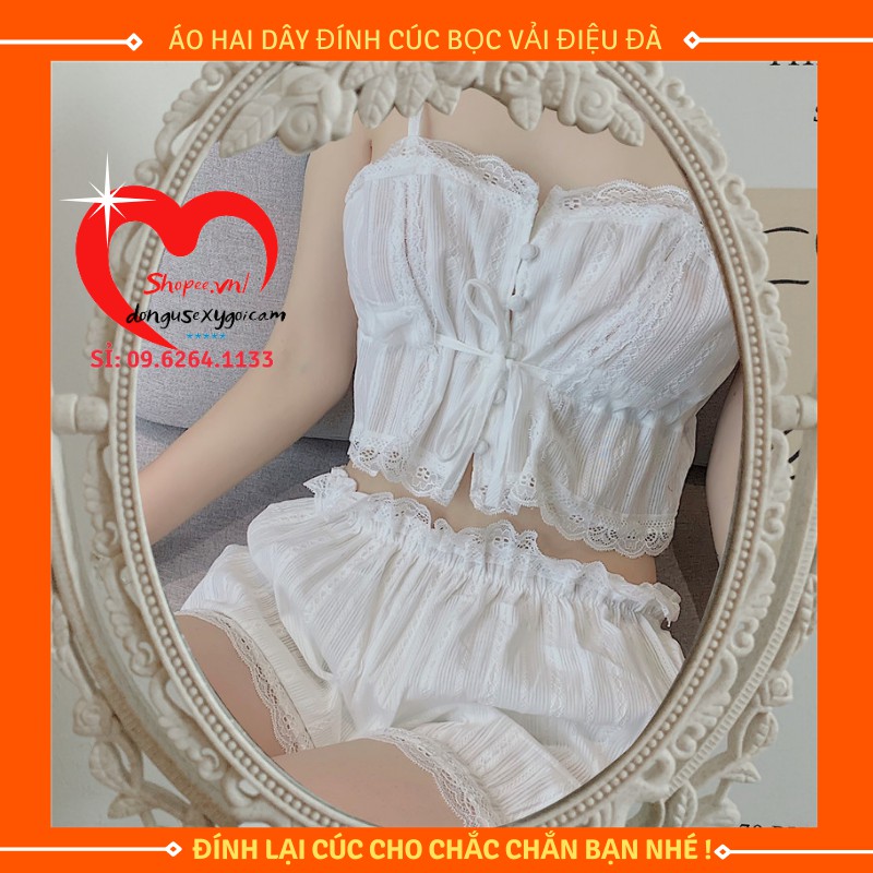 Bộ Đồ Ngủ Nữ  Dễ Thương Hai Dây Sexy Màu Trắng Thô Đũi Gợi Cảm Mặc Ngủ Mặc Ở Nhà -Bộ quần áo ngắn