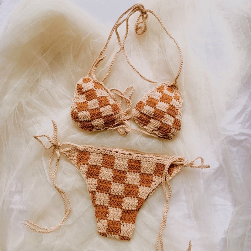 Set Bikini Caro Hồng Trắng, Bra Len Móc - xanhlanhes